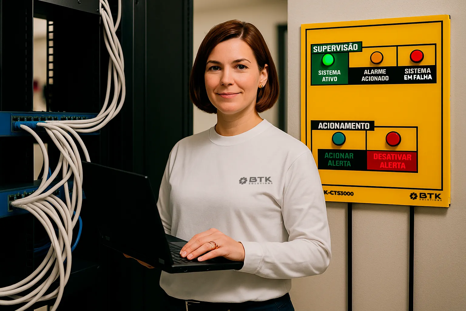 Operadora mulher de sistemas de gerenciamento de segurança e desenvolvedora de soluções de alerta.