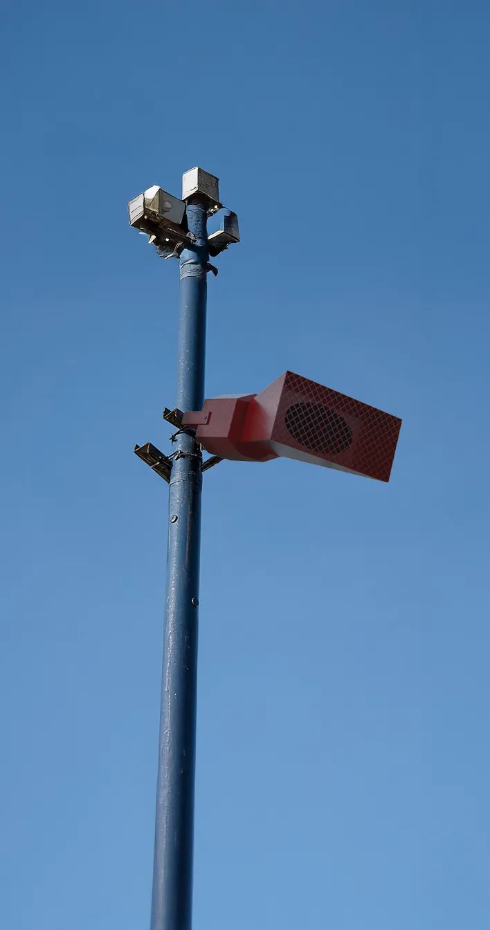 Sirene industrial BTK-SR5123 instalada em poste metálico ao ar livre