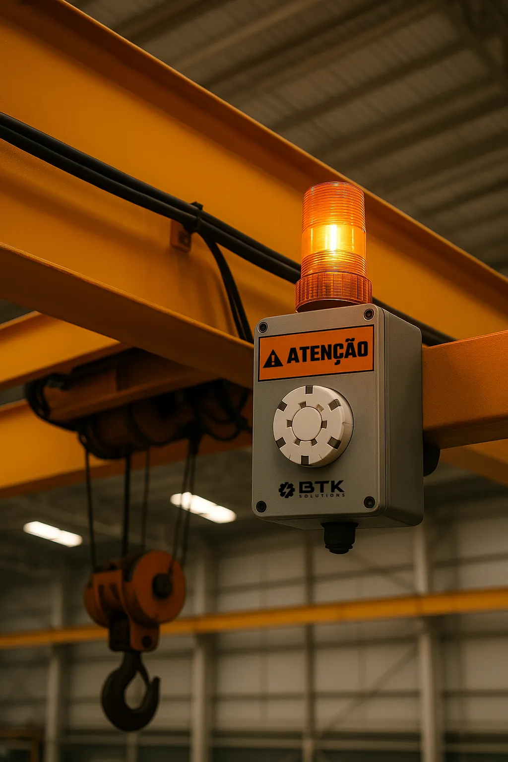 Sinalizador audiovisual BTK-SRZ3900 instalado em equipamento de ponto rolante em ambiente industrial