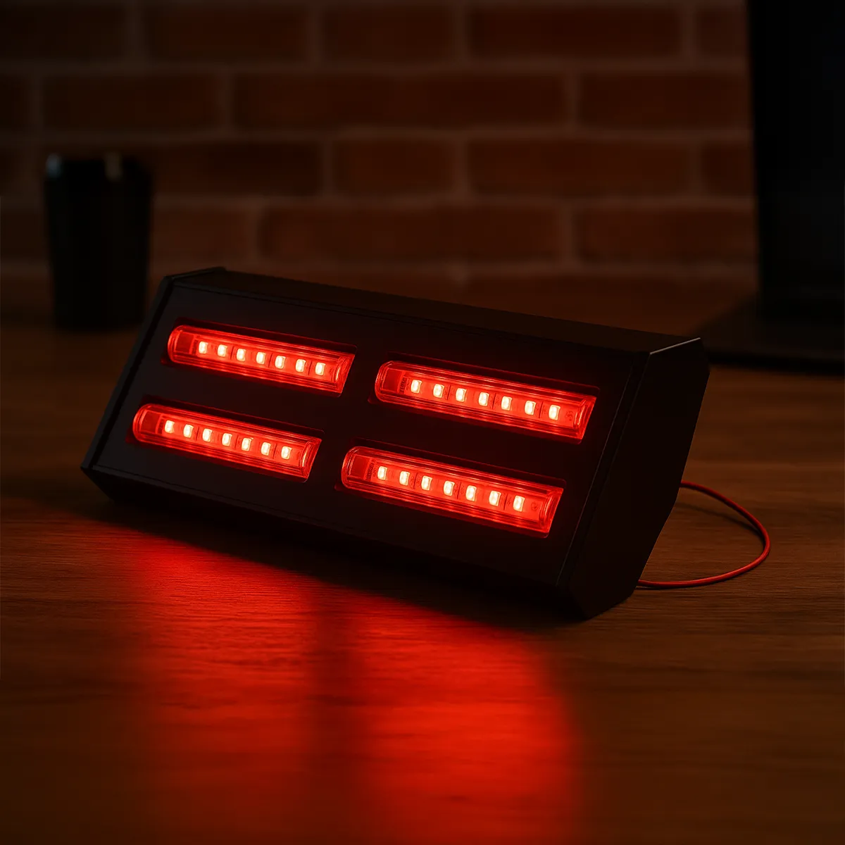 Sinalizador visual BTK-SZ590 com luz vermelha instalado em ambiente logístico com brilho intenso