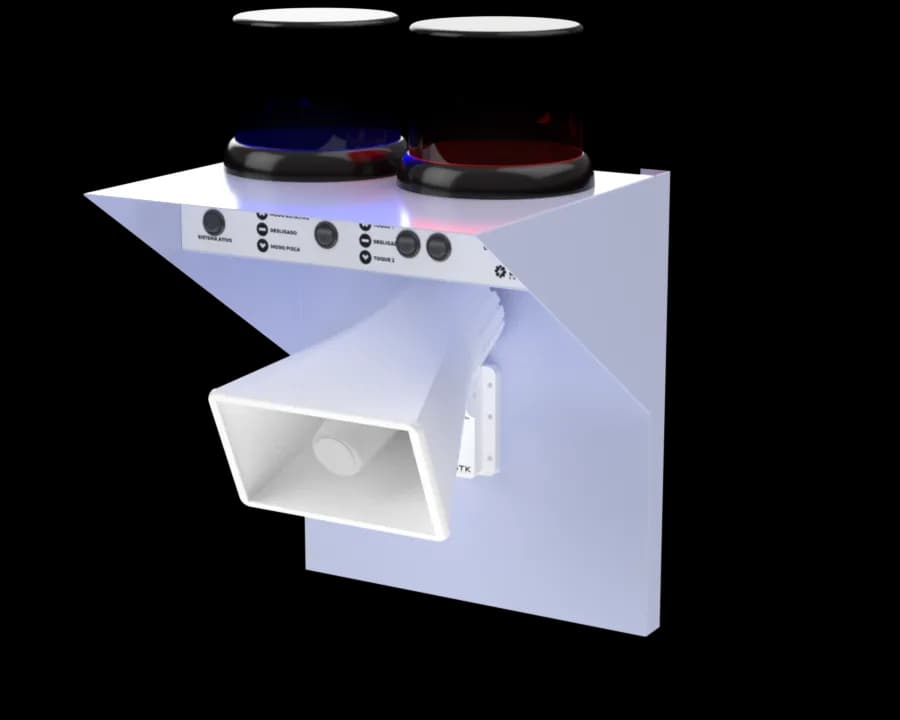 Vista superior do modelo de sinalização audiovisual BTK-SRZ4322 com giroflex policial azul e vermelho